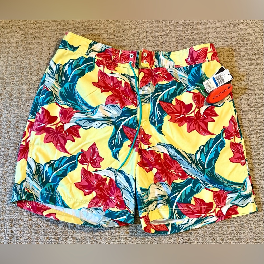 NWT Nautica Yellow Floral Swim Board Shorts with Red and Teal Leaves, Sz XL